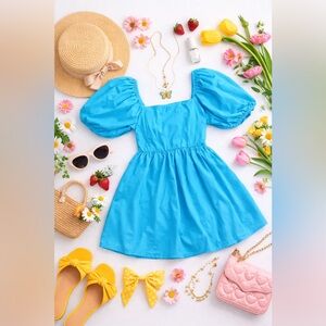 Puff Sleeve Blue Open Back Babydoll Spring Dress